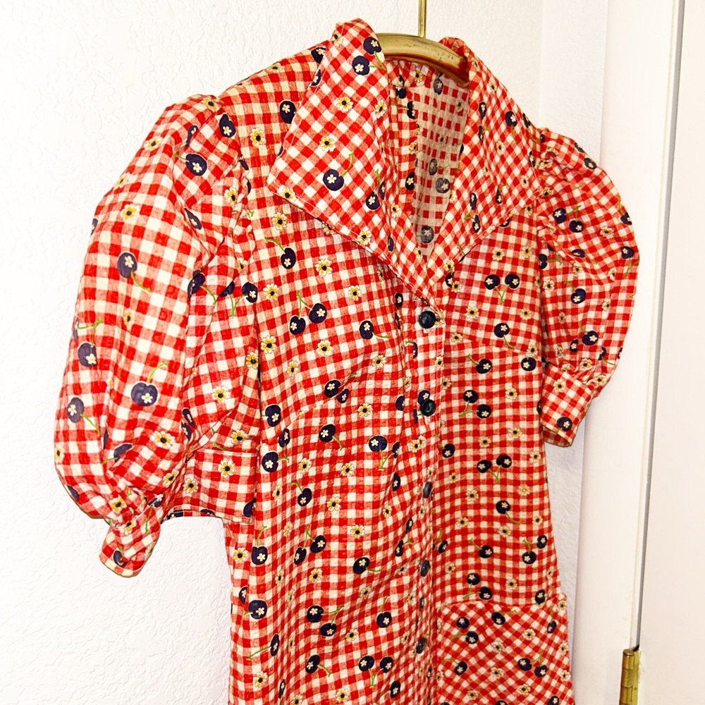 VINTAGE Handmade Seersucker Gingham & Blueberries Collared Mini Dress SZ: SMALL - Picture 3 of 11